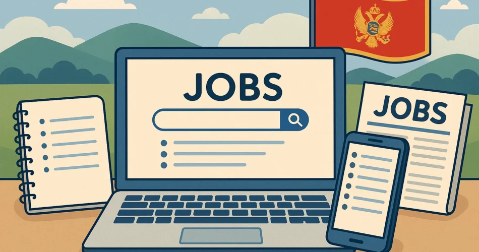 Поиск работы в Черногории онлайн: ноутбук, телефон с списком вакансий, флаг Черногории на фоне гор.