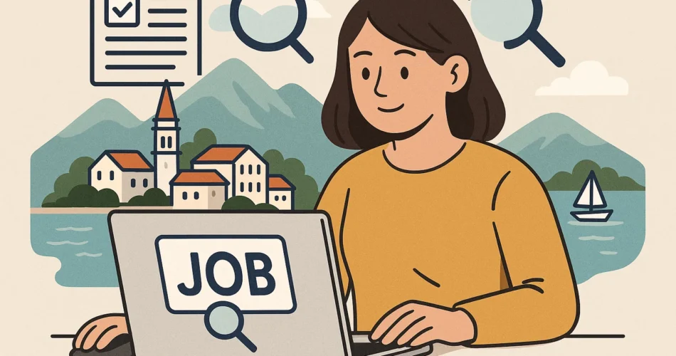 Поиск работы в Черногории: женщина с ноутбуком на фоне природы и зданий.