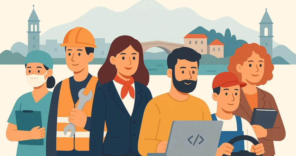 Люди разных профессий в Черногории, работающие на фоне городского пейзажа.