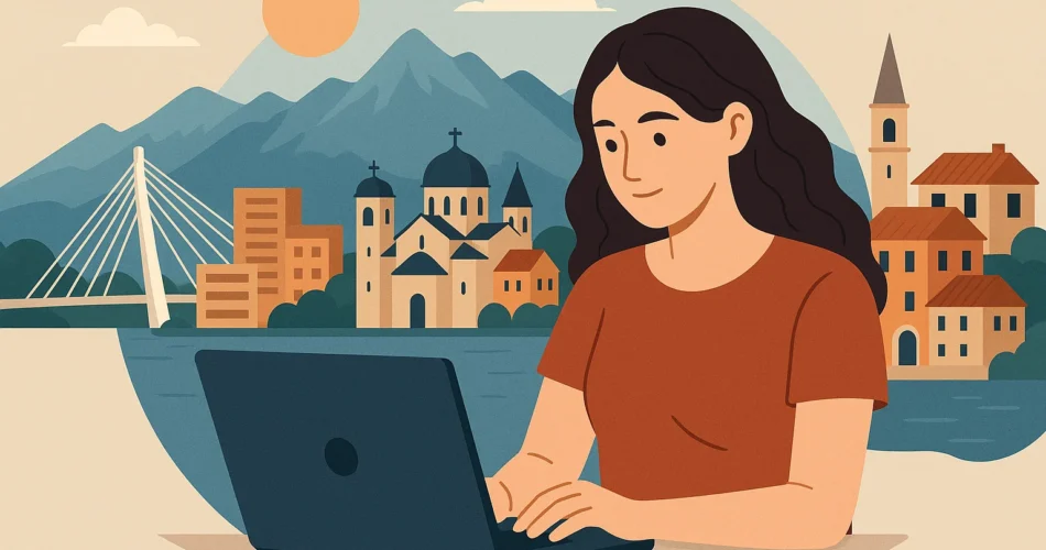 Девушка работает на ноутбуке с видом на Черногорию, горы и город. Работа в Черногории, удалённо и на месте.