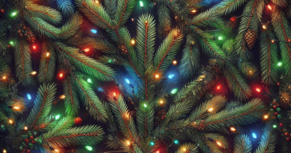 Еловые ветви с праздничными огнями, создают уютную атмосферу для работы в Черногории.