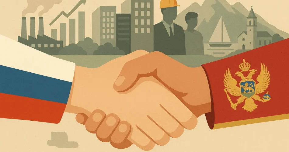 Рукопожатие России и Черногории на фоне индустриального и природного пейзажа. Работа в Черногории.