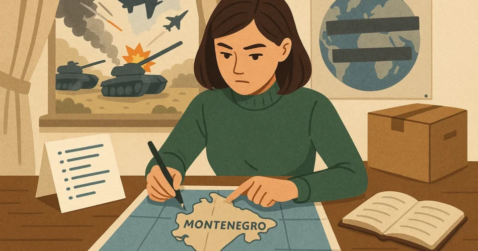 Женщина изучает карту Черногории, планируя работу за границей. Информация о работе в Черногории.