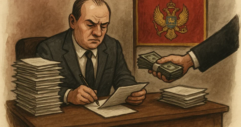 Бизнесмен с деньгами и документами на фоне флага Черногории, коррупция и взятки в Черногории.