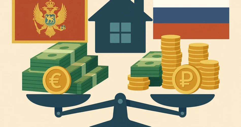 Весы символизируют выбор работы в Черногории для россиян, флаги и валюта подчёркивают экономический контекст.