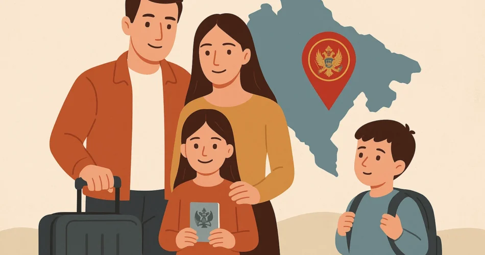 Семья в Черногории с вещами, карта фоном. Работа за границей, переезд.