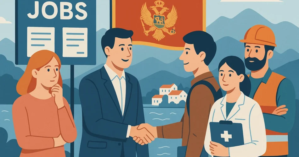 Вакансии в Черногории: люди обсуждают работу на фоне флага и гор.