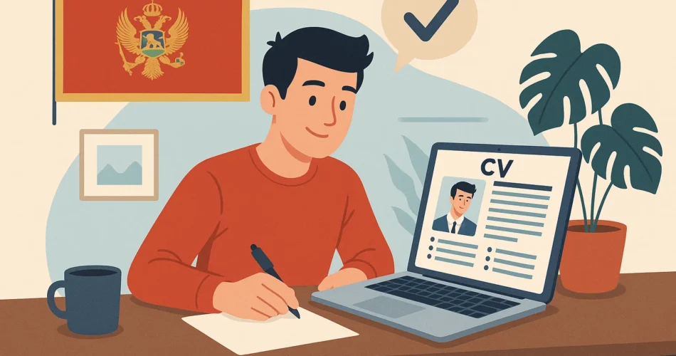Человек заполняет резюме на ноутбуке для работы в Черногории, на фоне флаг Черногории.