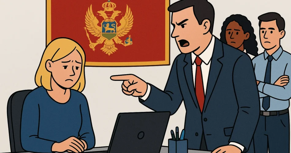 Конфликт на рабочем месте в Черногории: сотрудник критикует коллегу на фоне флага.