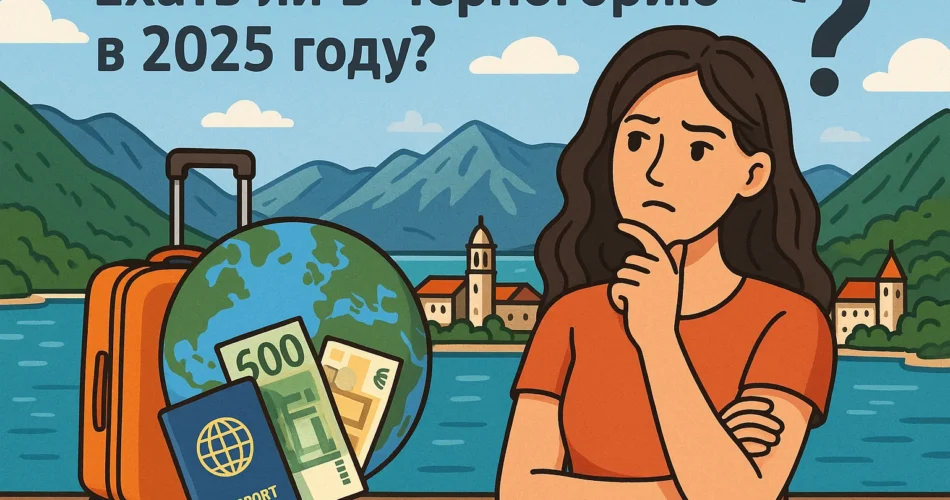 Женщина думает о жизни и работе в Черногории в 2025, рядом чемодан, деньги и паспорт.
