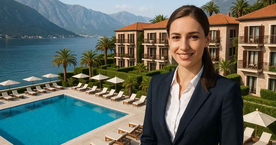 Женщина в костюме на фоне курорта в Черногории, работа и карьера в живописных условиях.