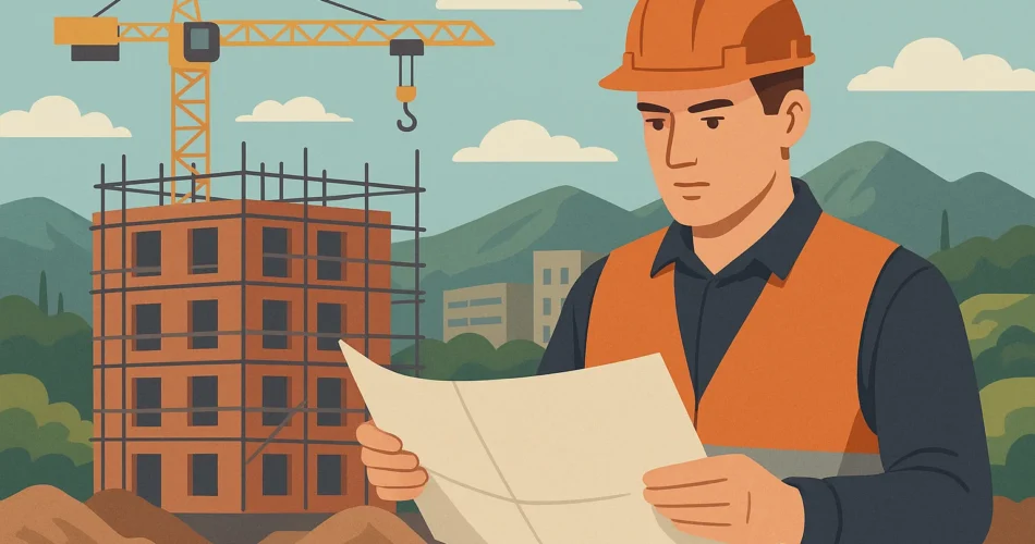 Строитель на фоне крана в Черногории, анализирует план строительства. Работа в Черногории 2023.