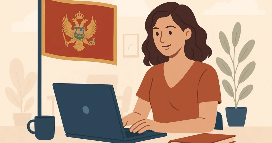 Женщина за ноутбуком, флаг Черногории. Работа в Черногории онлайн.