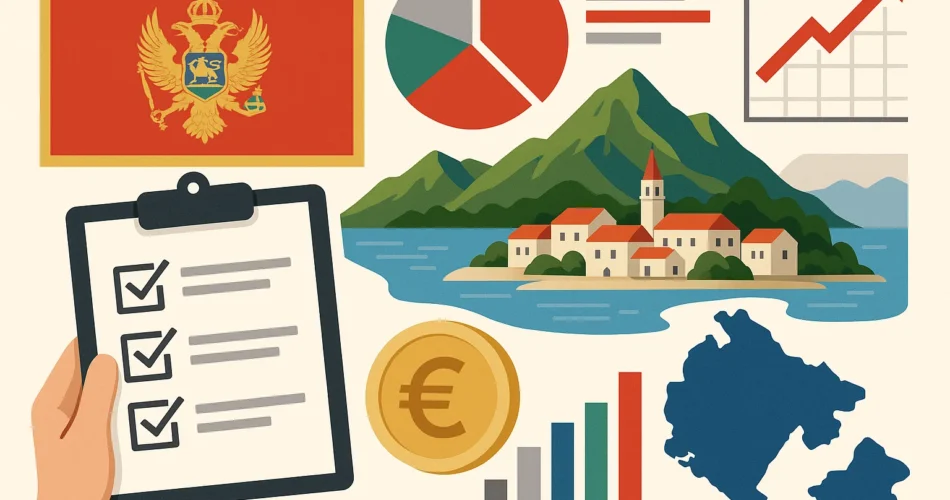 Графики экономики Черногории, монета евро, карта и вид на побережье. Работа и бизнес в Черногории.